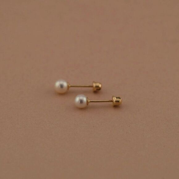 14k Solid Gold 5 mm Pearl Stud Earrings | Birthday Gift | Everyday Jewelry | - Picture 2 of 7